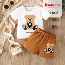 2pcs Baby Boy 95% Cotton Short-sleeve Bear Embroidered Tee & Shorts Set