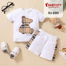 2pcs Baby Boy Plaid Bear Graphic Short-sleeve Tee & Shorts Set