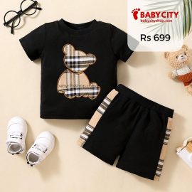 2pcs Baby Boy Plaid Bear Graphic Short-sleeve Tee & Shorts Set