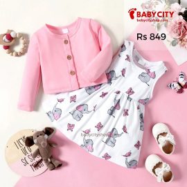2pcs Baby Girl Pink Long-sleeve Cardigan with Cartoon Elephant and Butterfly Print Sleeveless Dress Set - Pink / 3-6 Months