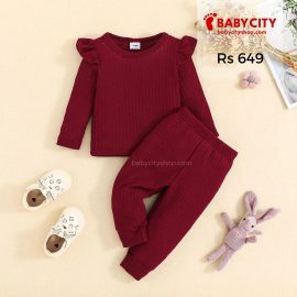 2pcs Baby Girl Solid Waffle Textured Long-sleeve Set