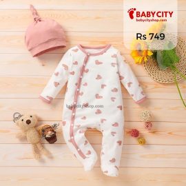 2pcs Baby Love Heart Print Long sleeve Footed Jumpsuit with Hat Set - Beige