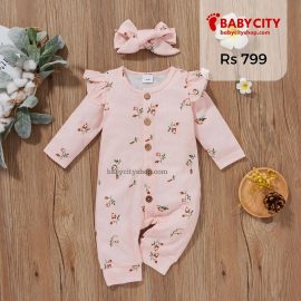 2pcs Floral Allover Waffle Long-sleeve Baby Set - Pink / 3-6 Months