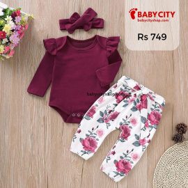 3-piece Ruffle Crimson Romper and Floral Pants with Headband Set -Deep Magenta