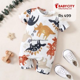 Baby Boy All Over Cartoon Dinosaur Print Short-sleeve Romper - Brown
