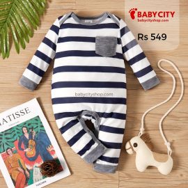 Baby Boy All Over StripedStar Print Long-sleeve Jumpsuit - Dark Blue/white
