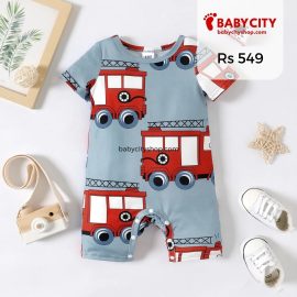 Baby Boy Allover Fire Engine Print Short-sleeve Romper - Blue / 3-6 Months