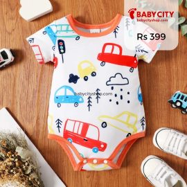 Baby Boy Cartoon Vehicle Print Grey White Colorful Striped Short-sleeve Romper - Orange