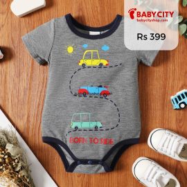 Baby Boy Cartoon Vehicle Print Grey White Colorful Striped Short-sleeve Romper - Middle Ash