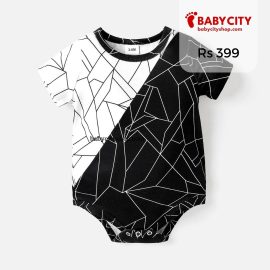 Baby Boy Geo Print Colorblock Short-sleeve Romper - Black and White / 3-6 Months -