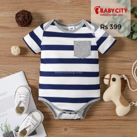 Baby Boy Girl StarsStriped Short-sleeve Romper- Dark Blue/white / 9-12 Months