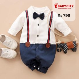 Baby Boy Gentleman Bow tie Striped Jumpsuit - 3-6 Months / Dark Blue
