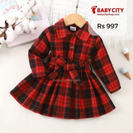 Baby Girl Red Plaid Long-sleeve Belted Button Dress - Red / 9-12 Months