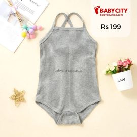 Baby Girl Solid Ribbed Sleeveless Spaghetti Strap Romper - Grey / 12-18 Months