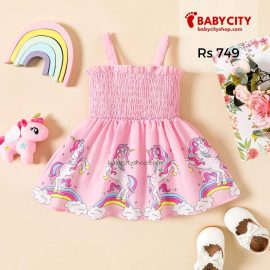 Baby Girl Unicorn Print Shirred Strappy Dress - Pink / 3-6 Months