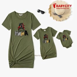 Mommy and Me Characters Letter Print Army Green Short-sleeve Twist Knot T-shirt Dress for Mom and Me - Light Army Green / Baby Girl:3-6M