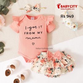 Ribbed 3pcs Letter Embroidery and Floral Print Short-sleeve Baby Set - Coral