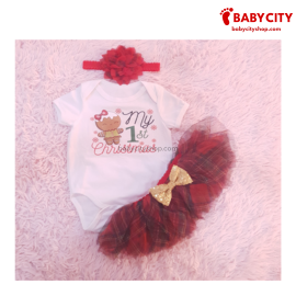 3pcs My 1st Christmas Gingerbread Short-sleeve and Plaid Tutu with Headband Baby Set